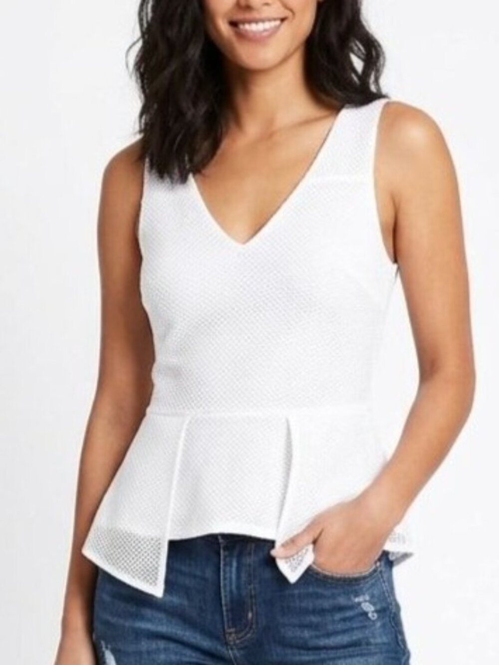 Bebe White Textured Mesh Peplum Top - Size Medium
